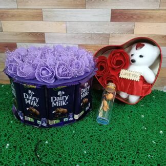 Dairy Milk Hamper - Chocolate Cake, Soap Rose & Secret Message Bottle