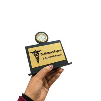Elegant Name Plate for Doctors – Black Wooden with Golden Acrylic & Table Clock