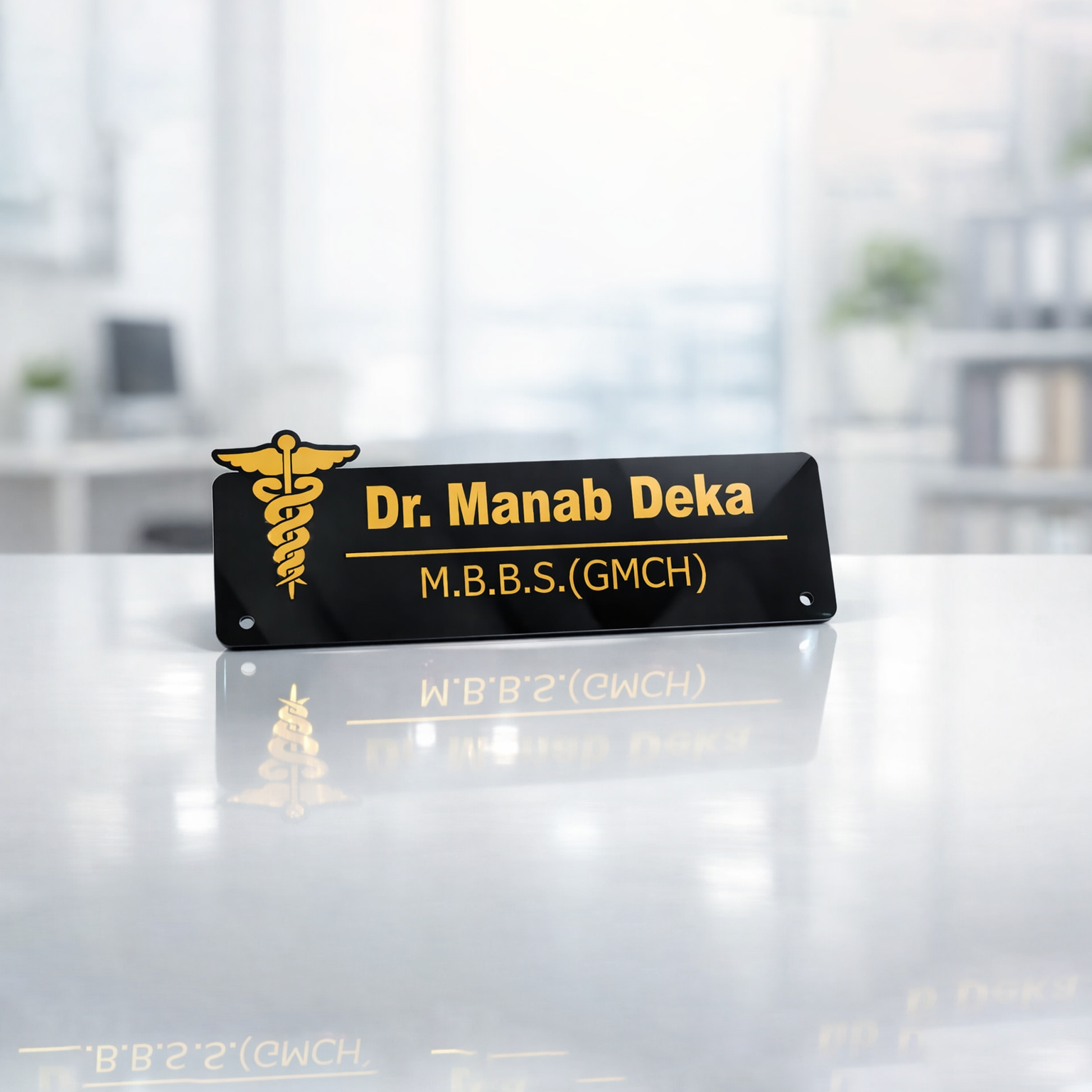Black Doctor Name Plate 1 black doctor name plate with gold text for clinic desk