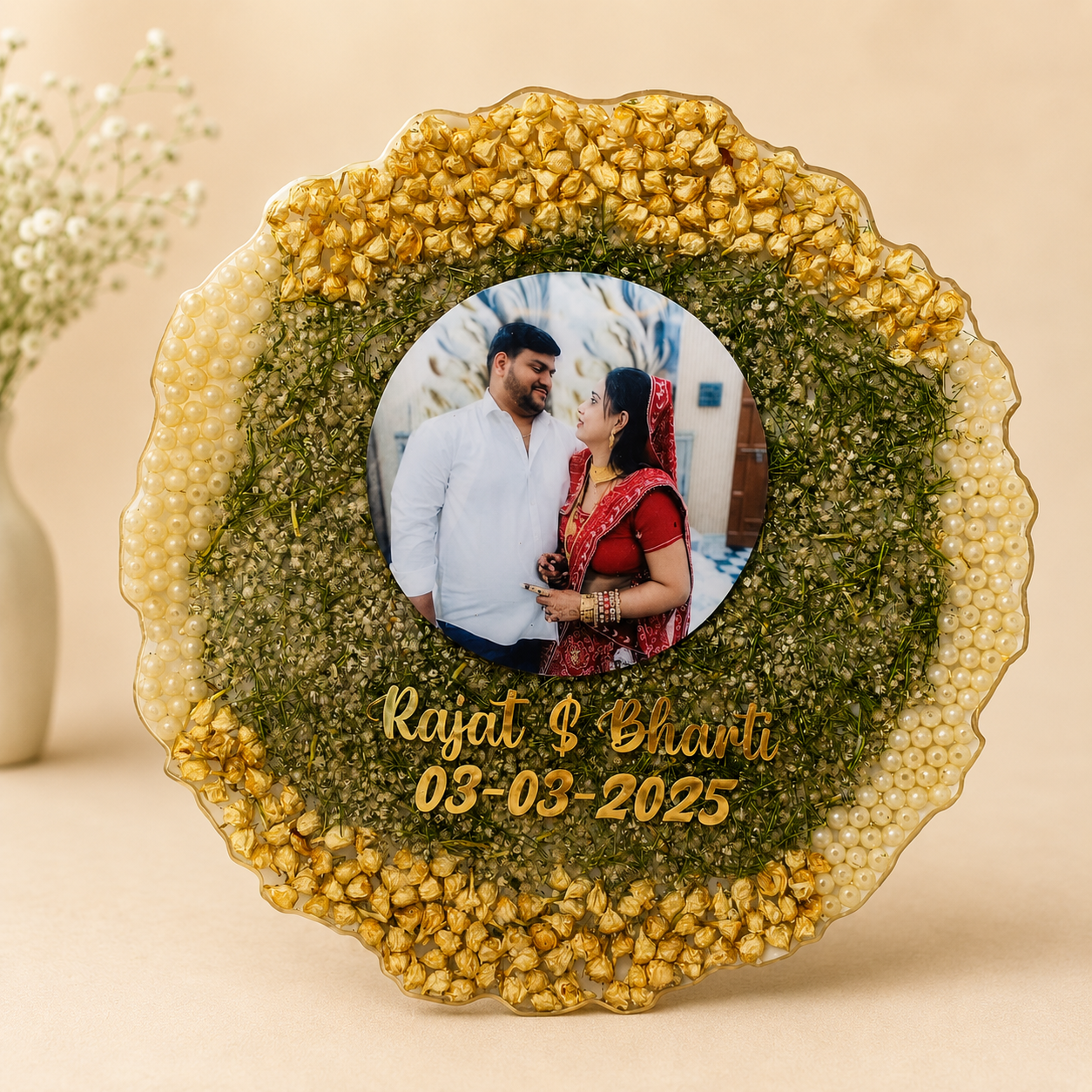 Round Floral Border Photo Resin Varmala Frame 1 Round Floral Border Photo Resin Varmala Frame